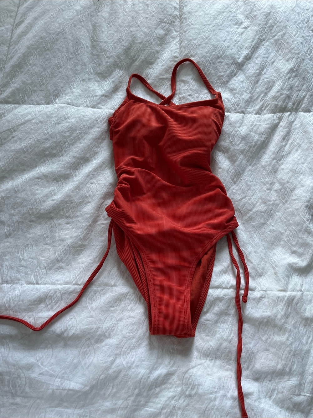 Women’s rust Ribbed One-Piece Swimsuit with Side Ties size XS
